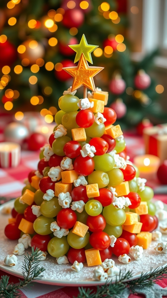 A festive Snack Christmas Tree made of grapes, tomatoes, cheese, and popcorn, set on a holiday table.